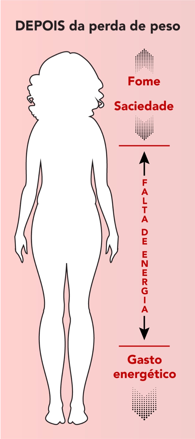 A imagem é um gráfico em português com uma silhueta branca de uma mulher à esquerda e texto à direita. O título diz "DEPOIS da perda de peso". O fundo é rosa.O texto inclui as palavras: "Fome", "Saciedade", "FALTA DE ENERGIA", "Gasto energético"Se trata de um infográfico sobre os efeitos da perda de peso no corpo, destacando fome, saciedade, níveis de energia e gasto energético.