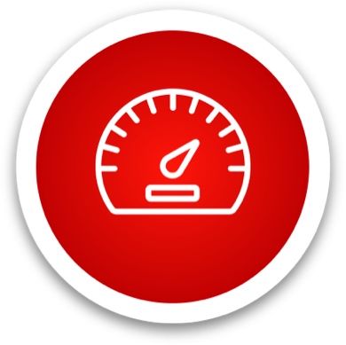 A imagem apresenta um círculo vermelho com uma borda branca, contendo o contorno branco de um velocímetro. O fundo da imagem é branco, proporcionando um contraste limpo e simples com o círculo vermelho e o contorno branco do velocímetro.